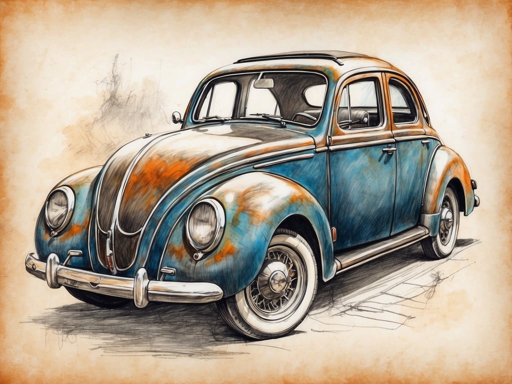 Auf dem Bild ist ein klassisches Auto zu sehen, das stilisiert und mit einem nostalgischen Schimmer dargestellt ist. Es hat eine auffällige Farbkombination aus Blau und Rosttönen, die ihm einen Vintage-Charakter verleiht.

**Tipps für den Besuch von Oldtimer-Events oder Automobilmessen:**

1. **Frühzeitig planen**: Informiere dich über die Veranstaltungstermine und plane deinen Besuch im Voraus, um keine Höhepunkte zu verpassen.

2. **Digitale Geräte mitbringen**: Stelle sicher, dass du eine gute Kamera oder ein Smartphone dabei hast, um tolle Fotos zu machen.

3. **Gesprächsführend sein**: Sei offen für Gespräche mit anderen Besuchern und Besitzern der Fahrzeuge. Oft gibt es spannende Geschichten zu den Autos.

4. **Fragen stellen**: Nutze die Gelegenheit, um Fragen zu den Fahrzeugen zu stellen. Viele Eigentümer freuen sich, ihr Wissen zu teilen.

5. **Sicherheitsabstand wahren**: Achte darauf, die Autos nicht zu berühren, es sei denn, es ist ausdrücklich erlaubt.

6. **Shoppen**: Halte Ausschau nach Merchandise oder Modellen, die du als Erinnerung mitnehmen kannst. 

Viel Spaß bei deinem Besuch!