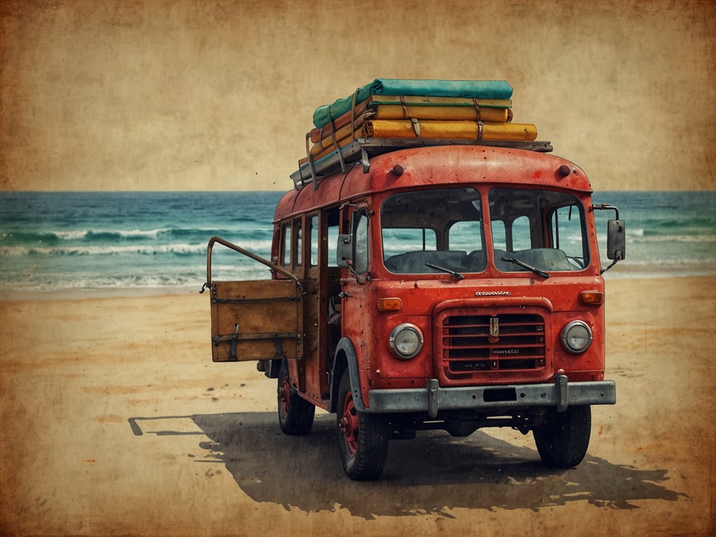 Auf dem Bild ist ein alter, roter Bus zu sehen, der am Strand steht. Der Bus hat eine geöffnete Tür und auf dem Dach sind mehrere farbige Wraps oder Matten gestapelt. Im Hintergrund sieht man das Meer und den Strand, was auf eine entspannte, sommerliche Atmosphäre hinweist.