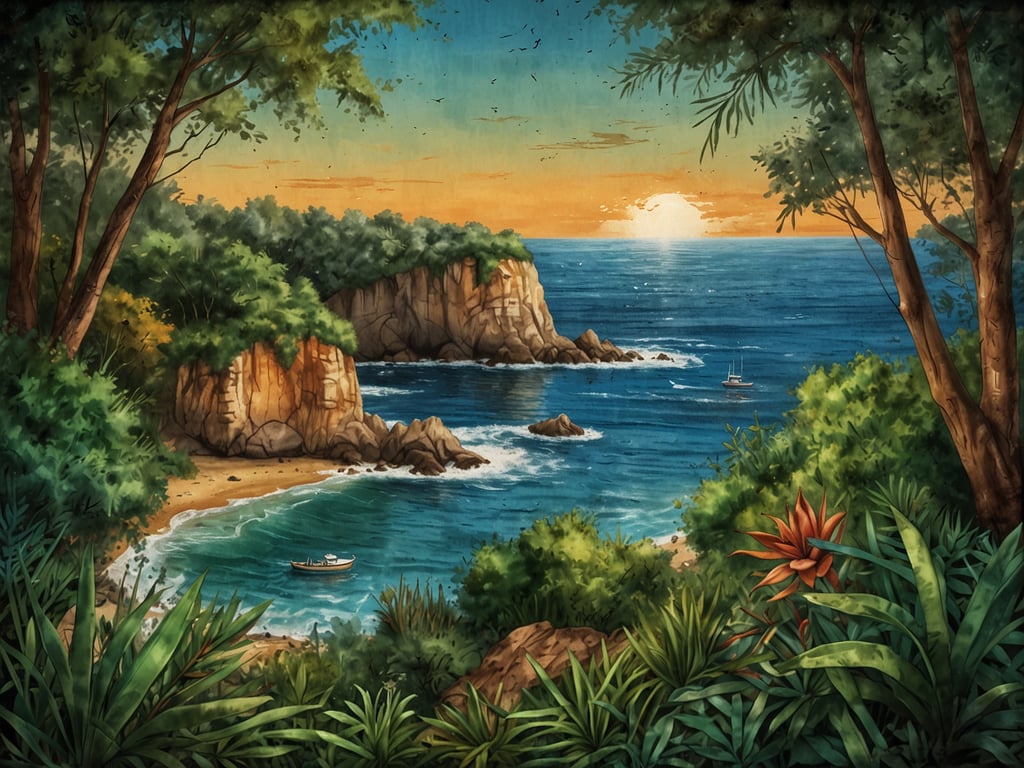 Auf dem Bild sind eine malerische Küstenlandschaft und ein Sonnenuntergang zu sehen. Die Szenerie zeigt grüne Vegetation, Klippen und das Meer, wo ein Boot auf den Wellen schaukelt. Diese Darstellung vermittelt eine harmonische Beziehung zwischen Natur und Wasser. 

Um den Erhalt der Natur zu betonen, könnte man auf die Bedeutung von Nachhaltigkeit auf der Península Mitre hinweisen. Hierbei ist es wichtig, die einheimische Flora und Fauna zu schützen, um die Biodiversität zu bewahren und gleichzeitig einen nachhaltigen Tourismus zu fördern. Die Schönheit solcher Landschaften ist nicht nur ein Genuss für die Augen, sondern auch ein wertvolles Erbe, das es zu erhalten gilt.