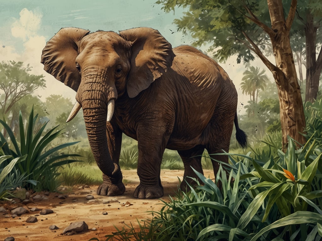 Auf dem Bild ist ein Elefant in einer tropischen Umgebung zu sehen, umgeben von üppiger Vegetation. Die ökologische Bedeutung der Region liegt in der Rolle des Elefanten als 