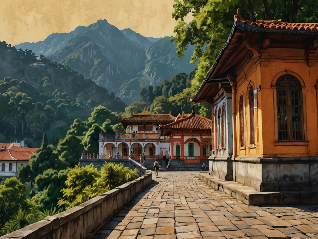 Auf dem Bild ist eine malerische Szene zu sehen, die möglicherweise von der historischen Architektur und der natürlichen Schönheit Petrópolis inspiriert ist. Petrópolis, bekannt als die 