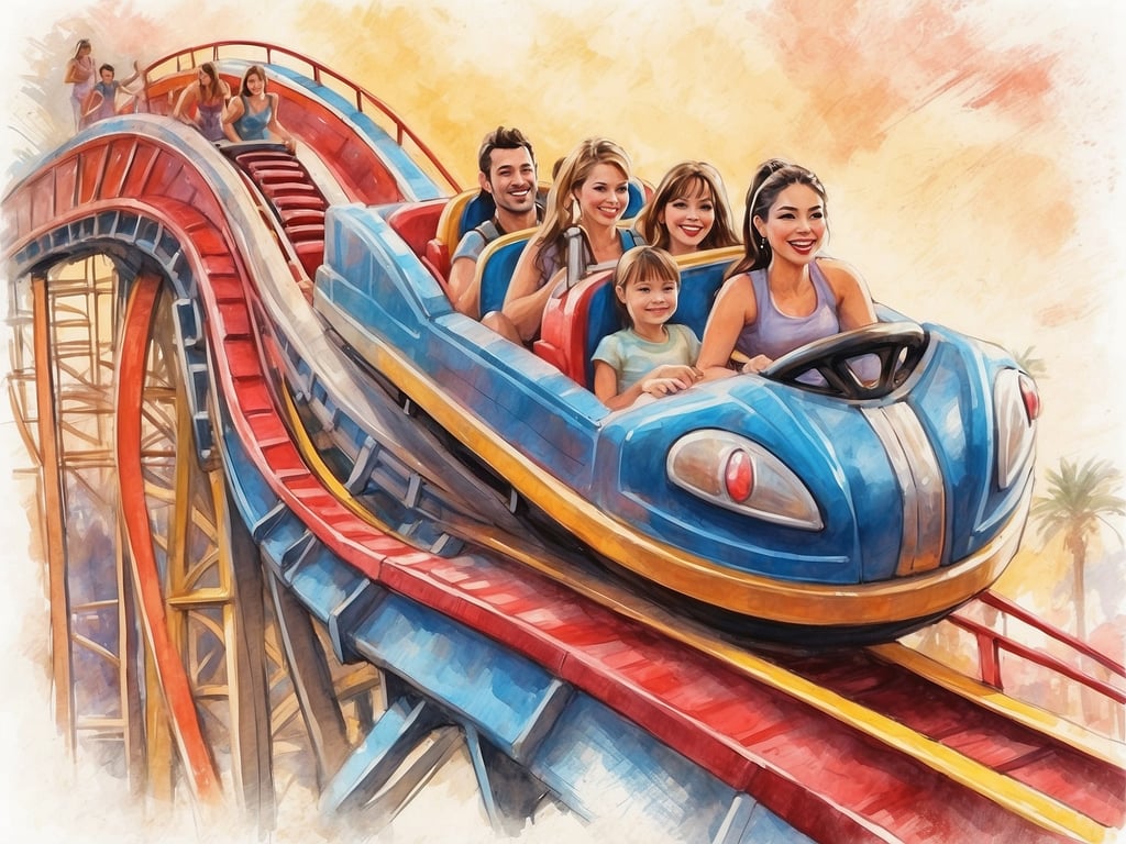 Auf dem Bild ist eine Achterbahn zu sehen, auf der mehrere Personen offensichtlich Spaß haben. Im Phantasialand gibt es verschiedene Attraktionen, die vergleichbar sind, wie zum Beispiel die 