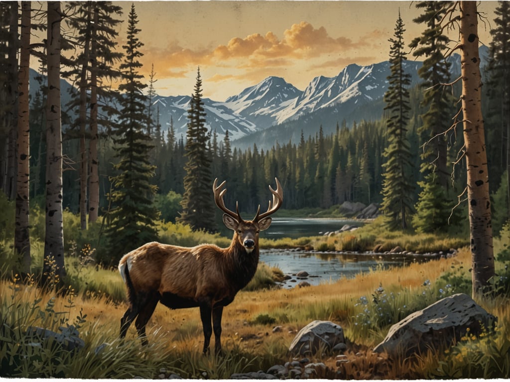 Auf dem Bild ist eine malerische Landschaft zu sehen, die während der Nebensaison in der Natur und Tierwelt entdeckt werden kann. Im Vordergrund steht ein majestätischer Hirsch, umgeben von einer üppigen, grünen Wiese. Im Hintergrund erheben sich majestätische Berge unter einem Himmel, der von warmen, sanften Farben erleuchtet wird. Die Bäume im Bild tragen zum Gefühl der Ruhe und Abgeschiedenheit bei, was eine ideale Kulisse für die Erkundung der Natur darstellt.