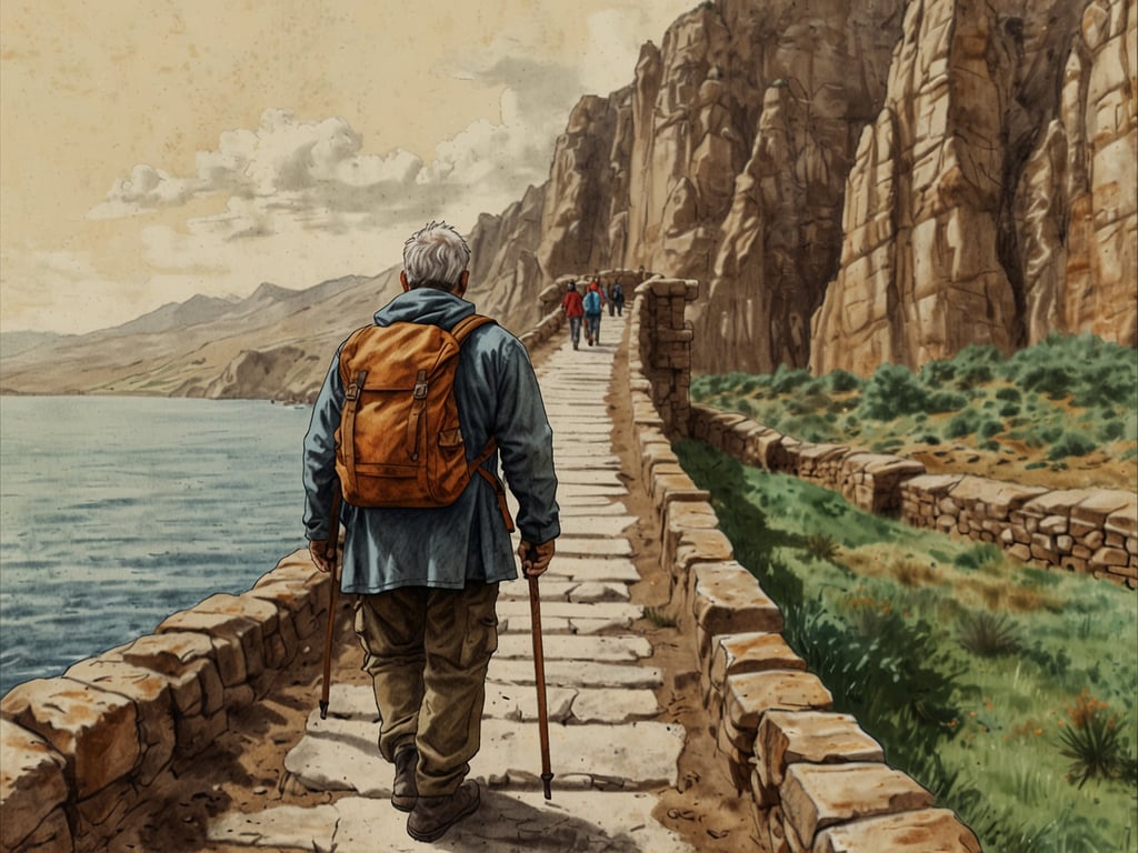 Auf dem Bild ist ein älterer Mann zu sehen, der auf einem Pfad wandert, der an einem Gewässer entlangführt. Er trägt einen Rucksack und hat einen Wanderstock dabei. Im Hintergrund sind mehrere weitere Wanderer zu erkennen, die ihm vorausgehen. Die Umgebung besteht aus beeindruckenden Felsformationen und einer grünen Landschaft. Dies könnte eine Pilgerreise symbolisieren, bei der der Mann auf einem spirituellen oder persönlichen Weg zu einem Ziel reist. Die Szenerie vermittelt eine Atmosphäre der Ruhe und Entschlossenheit, die oft mit solchen Reisen verbunden ist.