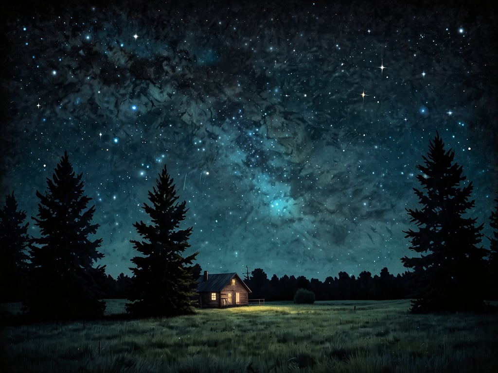 Auf dem Bild entfaltet sich die Magie der Sternennächte. Ein einsames Haus steht sanft beleuchtet in einer weitläufigen Wiese, während hohe, dunkle Tannen emotionsvoll aufragen. Der Himmel darüber ist ein atemberaubendes Spektakel aus funkelnden Sternen und leuchtenden Galaxien, die wie flimmernde Juwelen an einem tiefblauen Samtstoff hängen. Diese nächtliche Szenerie lädt zum Träumen und Staunen ein, während die Stille der Natur in der Ferne sanft erklingt.