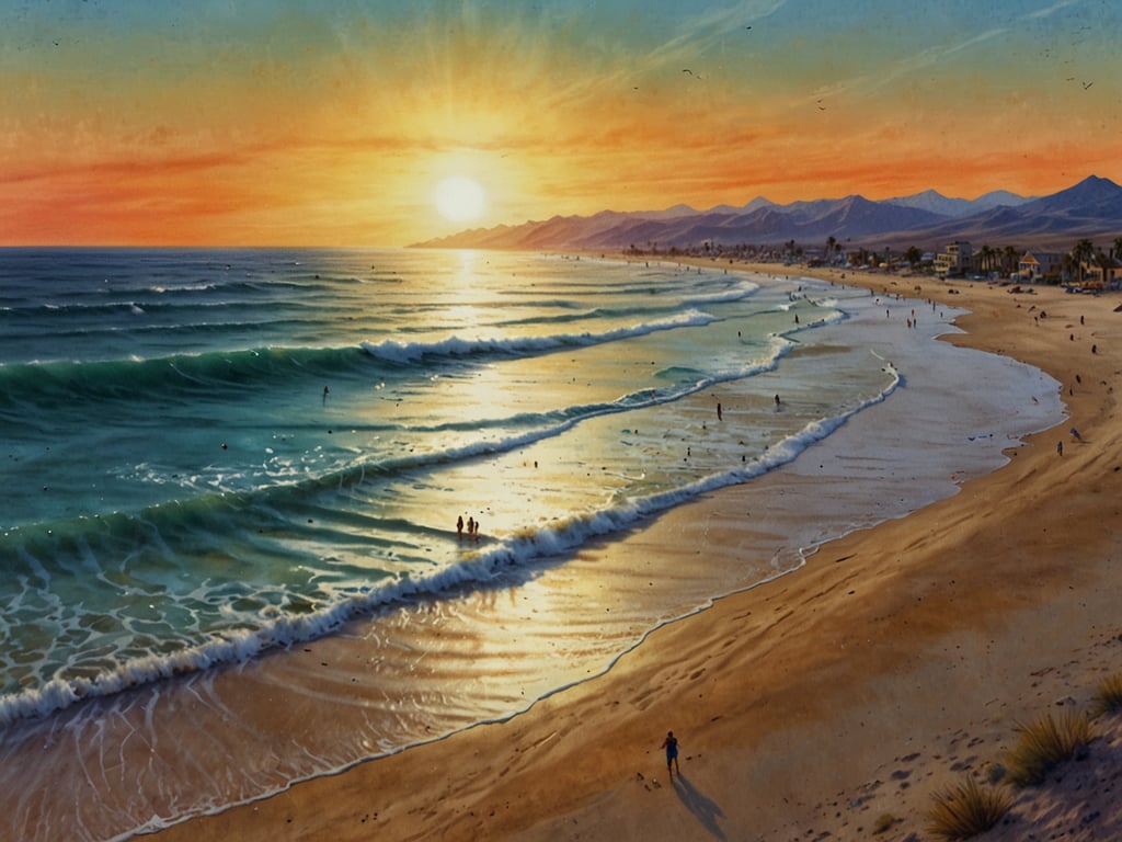Auf dem Bild ist eine malerische Küstenlandschaft zu sehen, die eine Sonnenuntergangsstimmung widerspiegelt. Die Wellen brechen sanft an den Strand, und am Wasser sind Menschen zu sehen, die die Atmosphäre genießen. 

Entlang der Playa gibt es zahlreiche Surfspots, die beliebte Wellen für Surfer bieten. Bekannte Spots könnten zum Beispiel 
