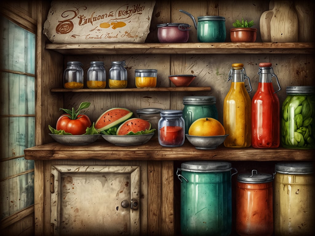 Auf dem Bild ist eine rustikale Vorratskammer zu sehen, die mit verschiedenen Lebensmitteln und Vorräten gefüllt ist. Es gibt frisches Obst und Gemüse, darunter Tomaten, Wassermelonen und eine Orange. Außerdem sind zahlreiche Gläser und Flaschen mit eingelegten Zutaten, Säften oder Saucen aus verschiedenen Farben zu sehen. 

In der Nähe könnten kulinarische Genüsse wie frische Salate, selbstgemachte Marmelade oder erfrischende Smoothies zubereitet werden. Die Vielfalt und Farbenpracht der Zutaten geben einen Einblick in schmackhafte und gesunde Gerichte, die man daraus kreieren könnte.