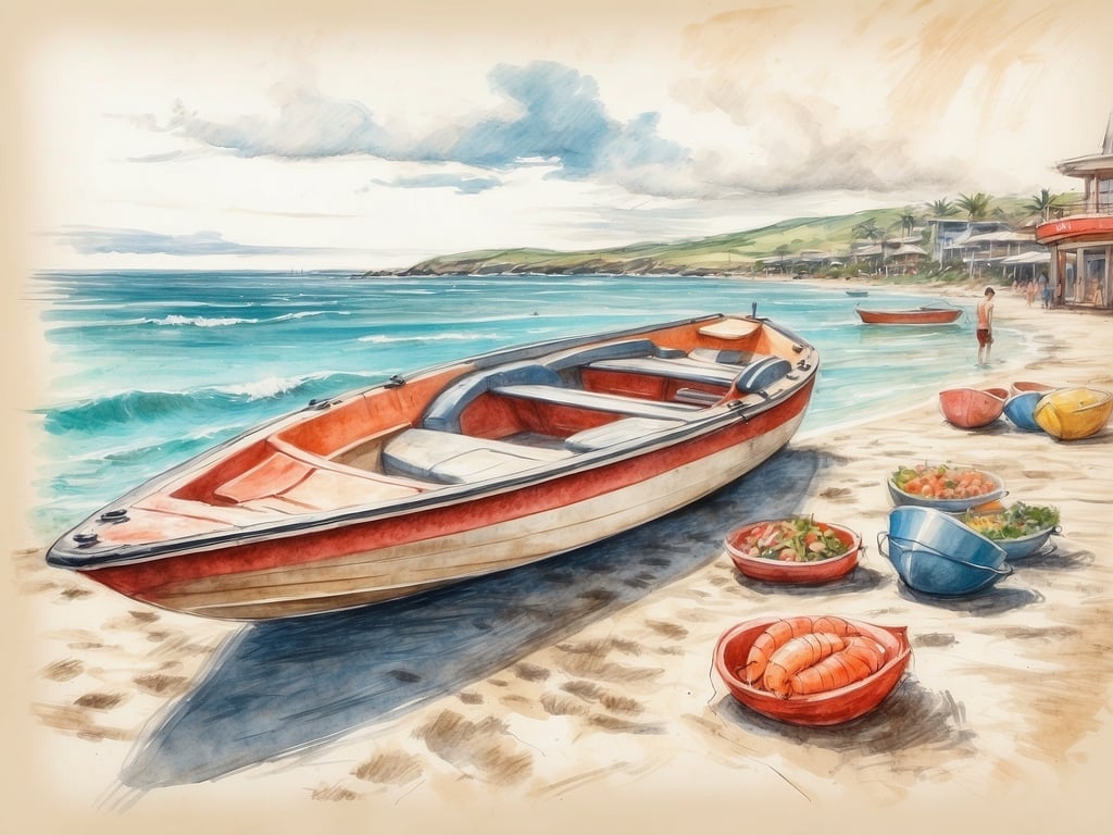 Auf dem Bild ist ein Boot am Strand zu sehen, umgeben von verschiedenen Schalen mit frischen Lebensmitteln. Die Szene vermittelt ein Gefühl von Entspannung und Natur.

An der Polnischen Ostsee kann man im Urlaub viele Aktivitäten unternehmen:

1. **Strandbesuche**: Genießen Sie die gemütlichen Strände, ideal zum Sonnenbaden und Entspannen.
2. **Wassersport**: Aktivitäten wie Windsurfen, Kitesurfen oder Segeln sind sehr beliebt.
3. **Radfahren**: Es gibt zahlreiche Radwege entlang der Küste und in den umliegenden Wäldern.
4. **Wanderungen**: Erkunden Sie die schönen Küstenlandschaften und Nationalparks.
5. **Fischmärkte**: Probieren Sie frische Meeresfrüchte und lokale Spezialitäten.
6. **Kulturelle Ausflüge**: Besuchen Sie historische Städte wie Gdańsk oder Sopot mit ihren schönen Altstädten.

Der Urlaub an der Polnischen Ostsee bietet eine perfekte Mischung aus Erholung und Aktivitäten im Freien.