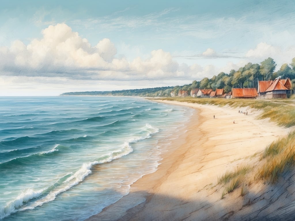 Auf dem Bild ist eine malerische Küstenlandschaft zu sehen. Der Strand wird von sanften Wellen des Meeres gesäumt, und im Hintergrund erkennt man eine Reihe von kleinen, charmanten Häusern mit roten Dächern, umgeben von Bäumen. Die Atmosphäre wirkt friedlich und einladend – ideal für einen erholsamen Urlaub an der polnischen Ostsee. Wer nach einem perfekten Ort für seine Ferien sucht, sollte die schönen Strände und die idyllische Natur dieser Region in Betracht ziehen.