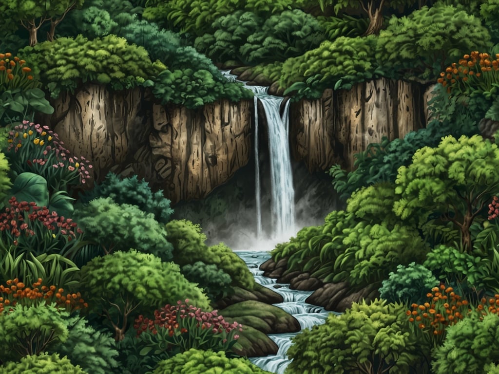 Das Bild zeigt eine reiche, grüne Landschaft mit einem Wasserfall, umgeben von üppiger Vegetation und bunten Blumen. Diese Art von Naturerlebnis erinnert an die Umgebung von Popayán, einer Stadt in Kolumbien, die für ihre schöne Natur bekannt ist. In der Nähe der Stadt gibt es zahlreiche Wanderwege und Wasserfälle, wie den 