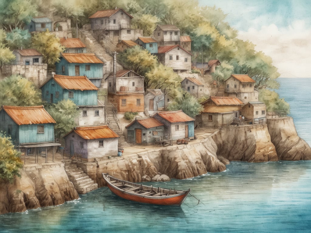 Auf dem Bild sieht man ein malerisches Küstendorf, das an einem ruhigen Meer liegt. Die Architektur erinnert an die kleinen, bunten Fischerhäuser, wie sie in Port d'es Canonge auf Mallorca zu finden sind. Diese Siedlung ist von sanften Hängen und üppiger Vegetation umgeben, was ein friedliches und idyllisches Ambiente schafft. 

Das Wasser ist klar und spiegelt die Farben der Häuschen wider, während ein kleines Boot am Ufer vor Anker liegt. Diese Szenerie könnte die Atmosphäre der traditionellen Lebensweise im Hafen von Port d'es Canonge darstellen, wo die Zeit stillzustehen scheint und die Verbindung zur Natur und zum Meer im Vordergrund steht.