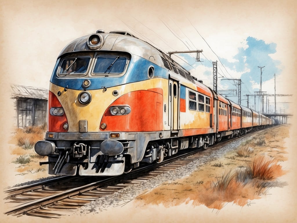Auf dem Bild ist eine farbenfrohe Lokomotive zu sehen, die auf einer Bahnlinie fährt. In PortAventura gibt es zahlreiche Attraktionen, die Eisenbahn- und Abenteuer-Themen aufgreifen. Eine davon ist die 