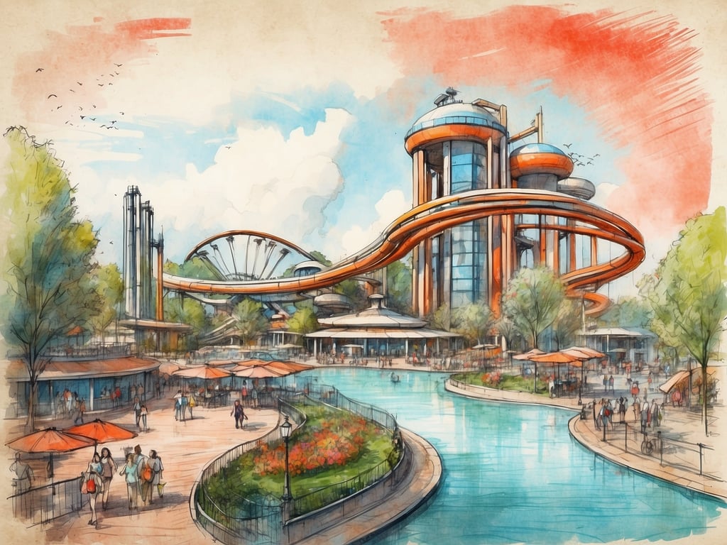 Auf dem Bild ist eine künstlerische Darstellung eines Freizeitparks zu sehen. Es zeigt futuristische Gebäude, einen Wasserlauf und Attraktionen, darunter eine Achterbahn, die über einen Teil des Parks verläuft. Menschen sind auf den Wegen und in der Umgebung zu sehen, was auf eine belebte Atmosphäre hindeutet. 

Was ist der PowerPark? Der PowerPark ist ein Freizeitpark in Finnland, der sich durch zahlreiche Fahrgeschäfte, Attraktionen und Unterhaltungsmöglichkeiten auszeichnet. Er bietet sowohl für Familien als auch für Adrenalin-Junkies viele Aktivitäten, darunter Achterbahnen, Wasserattraktionen und Spielbereiche.