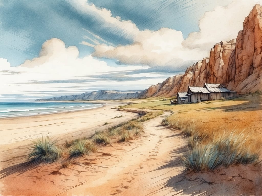 Auf dem Bild ist eine malerische Küstenlandschaft zu sehen, die von sanften Wellen und hohen Klippen geprägt ist. An einem Strand mit feinem Sand steht eine rustikale, kleine Hütte.

Aktivitäten für Besucher könnten Folgendes umfassen:

1. **Spaziergänge am Strand**: Genießen Sie den ruhigen Strandspaziergang entlang der Küste.
2. **Fotografie**: Halten Sie die beeindruckende Landschaft und die Hütte fest.
3. **Vogelbeobachtung**: Halten Sie Ausschau nach verschiedenen Vogelarten in der Umgebung.
4. **Picknick**: Nutzen Sie die schöne Kulisse für ein Picknick am Strand.
5. **Schwimmen oder Surfen**: Erfrischen Sie sich im Wasser oder versuchen Sie, auf den Wellen zu surfen.
6. **Wanderungen**: Erkunden Sie die Klippen und die nahegelegenen Wege für eine bessere Aussicht.

Diese Aktivitäten laden dazu ein, die natürliche Schönheit der Umgebung voll auszukosten.