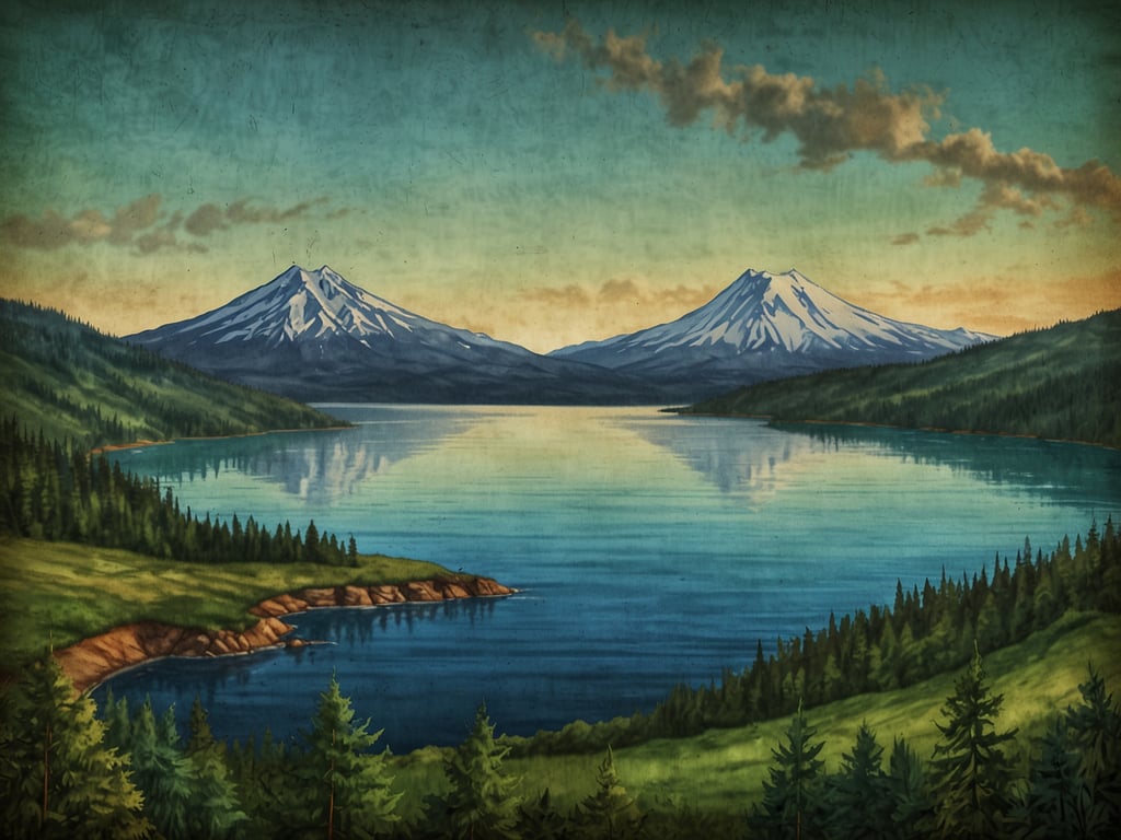 Auf dem Bild ist eine wunderschöne Landschaft zu sehen, die die natürliche Schönheit rund um Pucón widerspiegelt. Man sieht majestätische schneebedeckte Berge im Hintergrund, die sich über einen ruhigen, blauen See erheben. Umgeben von üppigen grünen Wäldern und sanften Hügeln vermittelt die Szenerie ein Gefühl von Frieden und Harmonie mit der Natur. Die Farben des Himmels und die Reflexionen im Wasser tragen zur malerischen Atmosphäre bei und laden dazu ein, die atemberaubende Schönheit dieser Region zu genießen.