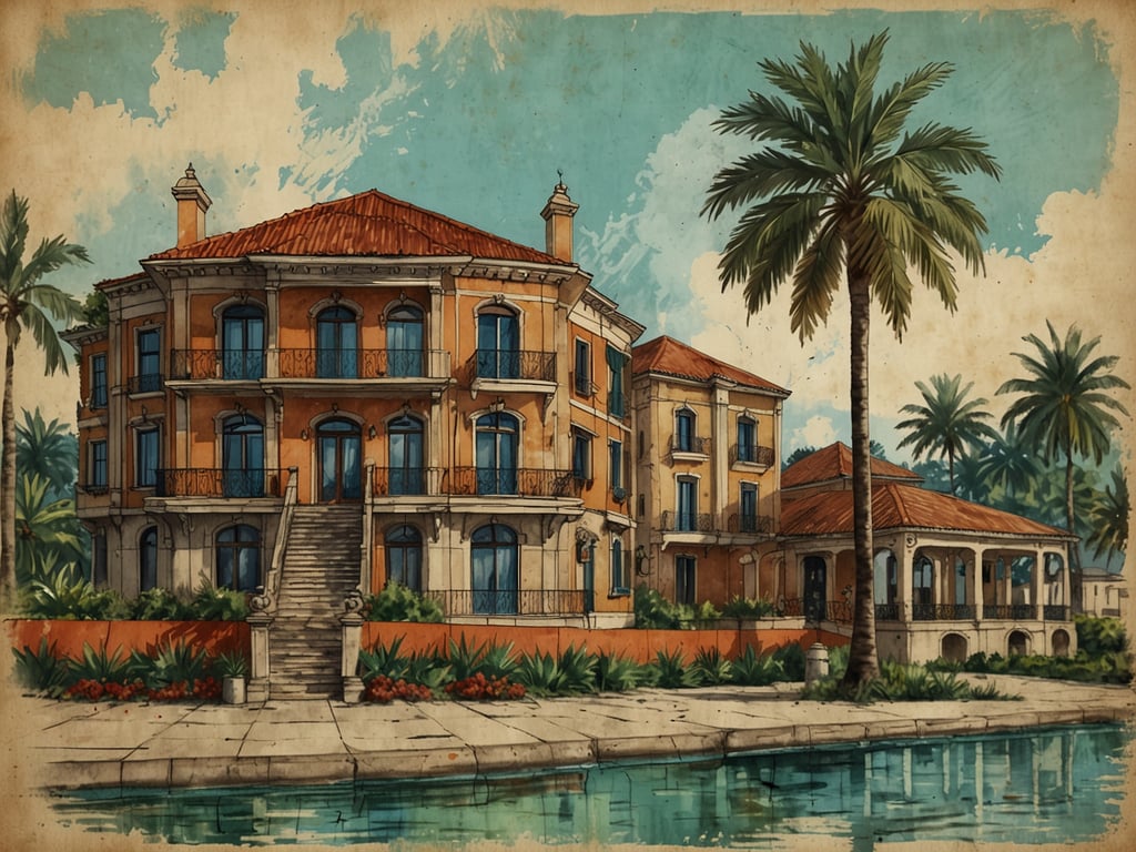 Auf dem Bild ist ein elegantes, historisches Gebäude zu sehen, das vermutlich einem typischen mediterranen Stil entstammt. Die Architektur zeichnet sich durch eine denkmalgeschützte Fassade aus hellen Steinen und einem roten Ziegeldach aus. 

Besonders auffällig sind die großen Fenster mit schmiedeeisernen Balkonen, die sowohl für Licht als auch für eine offene, einladende Atmosphäre sorgen. Die Stufen, die zum Eingang führen, verleihen dem Gebäude einen imposanten Charakter. Um das Haus herum befinden sich tropische Palmen und blühende Pflanzen, was auf eine Verbindung zur Natur und ein angenehmes Klima hinweist. 

Zusätzlich kann man einen Anbau oder Pavillon im hinteren Teil des Hauses erkennen, der den offenen Raum für gesellige Zusammenkünfte erweitert. Diese Bauweise und Gestaltung sprechen für eine großzügige und mediterrane Lebensweise.