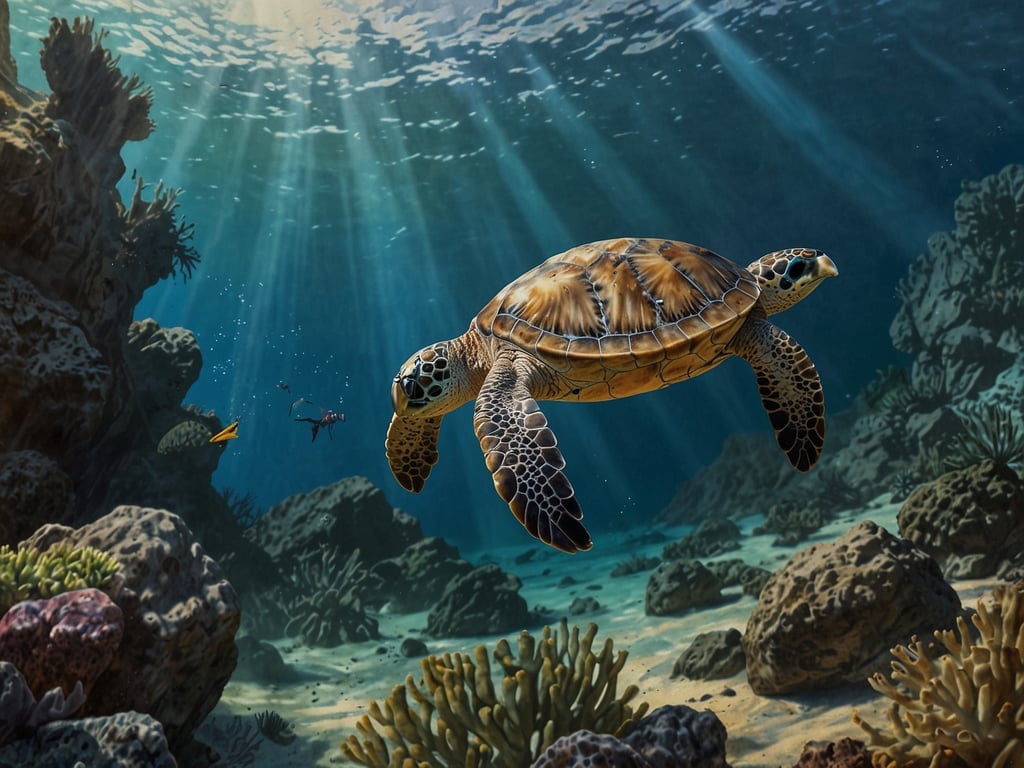 Auf dem Bild ist eine Meeresschildkröte zu sehen, die durch das Wasser schwimmt. Diese Art von Aktivitäten ist in und um Puerto Ayora sehr beliebt. 

In Puerto Ayora kannst du Schnorcheln oder Tauchen gehen, um die faszinierende Unterwasserwelt des Galápagos-Archipels zu entdecken. Beliebte Tauchspots sind etwa der Devil's Crown oder Kicker Rock, wo man oft auf Meeresschildkröten, bunte Fische und andere Meereslebewesen trifft. Zusätzlich kannst du Bootsreisen zu unbewohnten Inseln unternehmen, um die atemberaubende Landschaft und vielfältige Tierwelt zu erleben. 

Die Erkundung der Küstengebiete und das Schwimmen mit Schnorchel bieten dir die Möglichkeit, die natürliche Schönheit und Biodiversität der Region hautnah zu erleben.