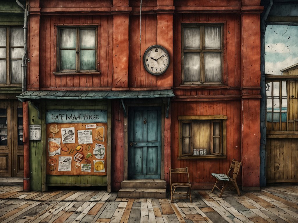Auf dem Bild ist ein stilisiertes Gebäude mit bunten Fassaden zu sehen, das an die charmanten und historischen Strukturen in Punta Arenas erinnert. Die Stadt ist bekannt für ihre kulinarischen Erlebnisse, insbesondere die frischen Meeresfrüchte und die traditionelle chilenische Küche. Lokale Restaurants servieren Köstlichkeiten wie Patagonischen Lamm oder die berühmte 