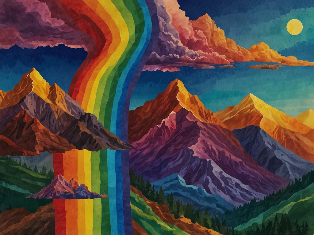 Auf dem Bild ist eine wunderschöne, farbenfrohe Darstellung eines Gebirges zu sehen, das an den berühmten „Berg der sieben Farben“ in Peru erinnert. Dieser legendäre Berg, auch bekannt als Vinicunca oder Rainbow Mountain, ist für seine atemberaubenden Farben bekannt, die durch verschiedene mineralische Zusammensetzungen entstehen.

In der Mythologie wird oft erzählt, dass die Farben des Berges das Ergebnis von magischen Kräften sind, die die Götter gesandt haben, um die Erde zu verschönern. Es wird gesagt, dass jeder Farbton eine besondere Bedeutung hat: Rot steht für die Kraft der Erde, Blau für die Kühle der Bergluft, und Gelb symbolisiert das Licht der Sonne. 

Die Legenden berichten auch von den Inka, die diese Berge als heilig betrachteten und ihnen eine starke spirituelle Bedeutung zuschrieben. Traditionell wird angenommen, dass der Regenbogen, der über den Berg zu fließen scheint, den Weg zu den Göttern und zur spirituellen Erleuchtung symbolisiert. 

Insgesamt fängt das Bild die majestätische Schönheit und die mystische Atmosphäre des „Bergs der sieben Farben“ ein, und es lädt die Betrachter ein, tief in die reiche Kultur und Mythologie des Andenraums einzutauchen.