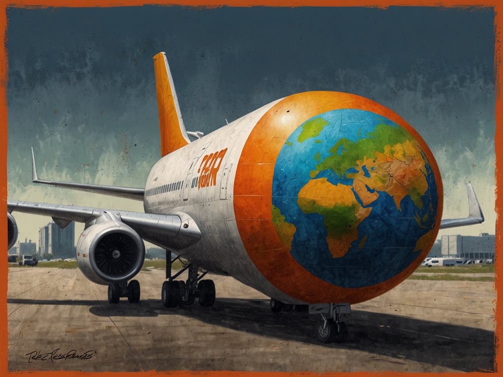 Auf dem Bild ist ein Flugzeug zu sehen, das einen besonderen Anstrich hat, der die Erde darstellt. Dies könnte symbolisch für die globale Fracht-Allianz stehen, die Qatar Airways Cargo und MASkargo gestartet haben. Diese Kooperation könnte darauf abzielen, weltweite Frachtlösungen zu verbessern und den internationalen Handel zu fördern.