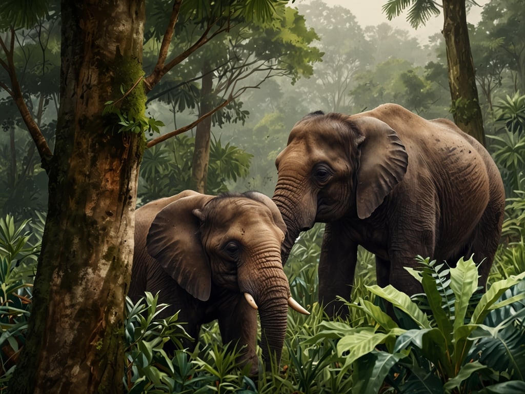 Auf dem Bild sind zwei Elefanten zu sehen, die in einem dichten, tropischen Wald stehen. Sie bewegen sich durch das üppige grüne Laub und die Bäume, die die Landschaft prägen. 

Äquatorialguinea ist ein kleines Land in Zentralafrika, das für seine tropischen Regenwälder und eine vielfältige Tierwelt bekannt ist. In diesen Wäldern leben verschiedene Tierarten, darunter auch Elefanten, die in ihrem natürlichen Lebensraum als entscheidende Teile des Ökosystems agieren. Das Land besteht aus einer Hauptinsel, Bioko, und dem Festlandteil Río Muni, die beide von einer reichen Flora und Fauna geprägt sind.