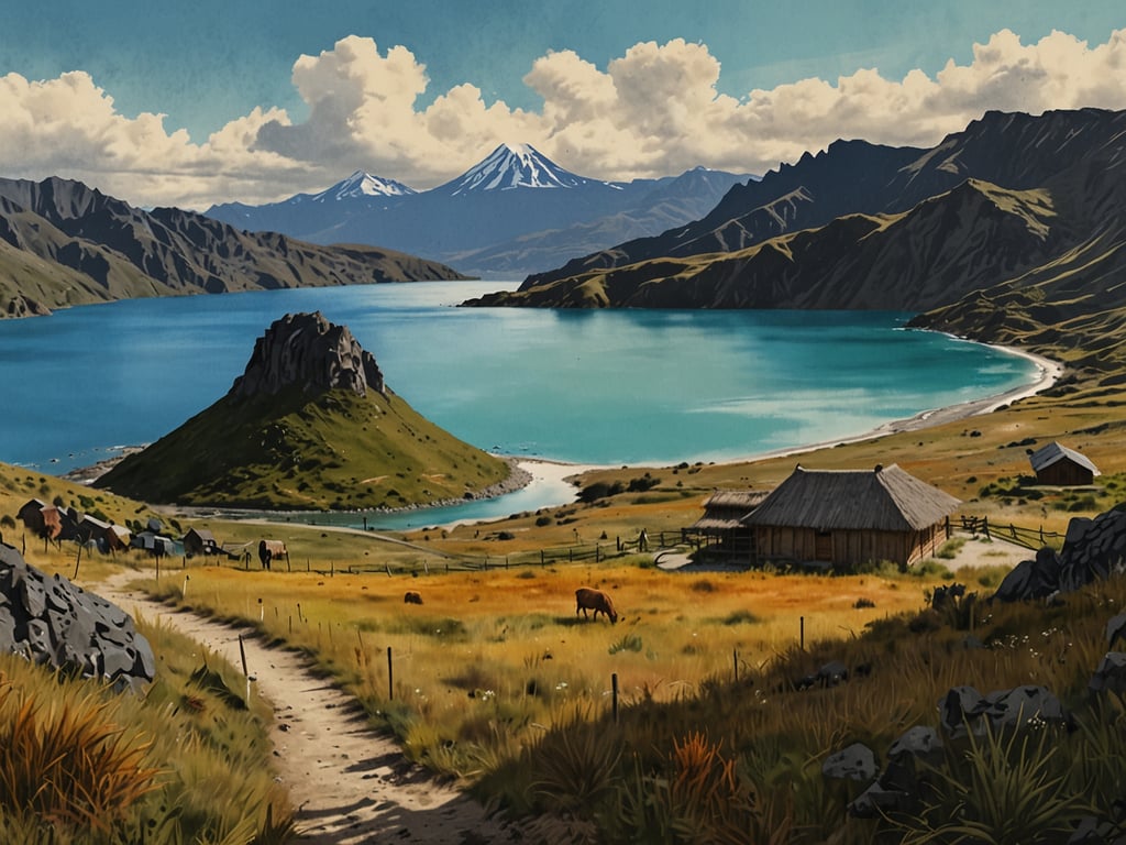 Auf dem Bild ist eine atemberaubende Landschaft zu sehen, die an den Quilotoa Loop erinnert. Man sieht einen klaren blauen Kratersee, umgeben von sanften Hügeln und Bergen im Hintergrund. Die Szenerie wird durch malerische Wolken und schneebedeckte Gipfel ergänzt. Im Vordergrund verlaufen Pfade durch üppige Wiesen, und einige typischen Hütten sowie Tiere wie Pferde sind ebenfalls zu sehen. Entdecke das Abenteuer des Quilotoa Loop und erlebe diese beeindruckenden Naturschönheiten hautnah!