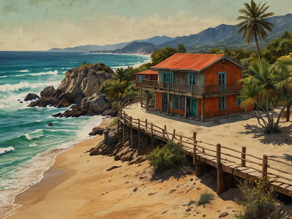 Auf dem Bild ist eine malerische Küstenlandschaft zu sehen, die von schönen Wellen, einem Sandstrand und Palmen umgeben ist. In der Mitte steht ein charmantes, buntes Haus auf einem Holzsteg, das einen Blick auf das Meer bietet. 

Wenn du in Quintero bist, sind zu den besten Attraktionen unter anderem die atemberaubenden Strände wie Playa La Roca und Playa El Caleuche zu empfehlen. Außerdem lohnt sich ein Besuch des Naturreservats 