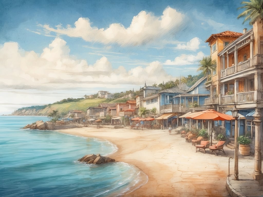 Das Bild zeigt eine malerische Strandpromenade mit schattenspendenden Sonnenschirmen und gemütlichen Sitzmöglichkeiten, die sich entlang des Wassers erstreckt. Man sieht eine Reihe von farbenfrohen Gebäuden, die den Küstenbereich säumen, und ein sanft geschwungenes Ufer mit feinem Sand und klarem Wasser.

Quy Nhon ist eine Küstenstadt in Vietnam, bekannt für ihre schönen Strände und das entspannte Lebensgefühl. Die Stadt bietet eine Mischung aus historischen Sehenswürdigkeiten, wie den Cham-Turm Thap Doi, und modernen Annehmlichkeiten. Die Umgebung ist ideal für Wassersportarten und das Genießen von regionaler Küche, insbesondere Meeresfrüchten. Die herrlichen Landschaften und das angenehme Klima machen Quy Nhon zu einem beliebten Ziel für Touristen, die Natur und Kultur erleben möchten.