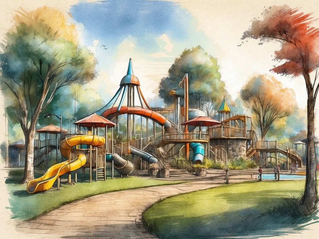 Auf dem Bild ist ein kinderfreundlicher Spielplatz zu sehen, der aussieht wie ein großes Abenteuerland, das man 