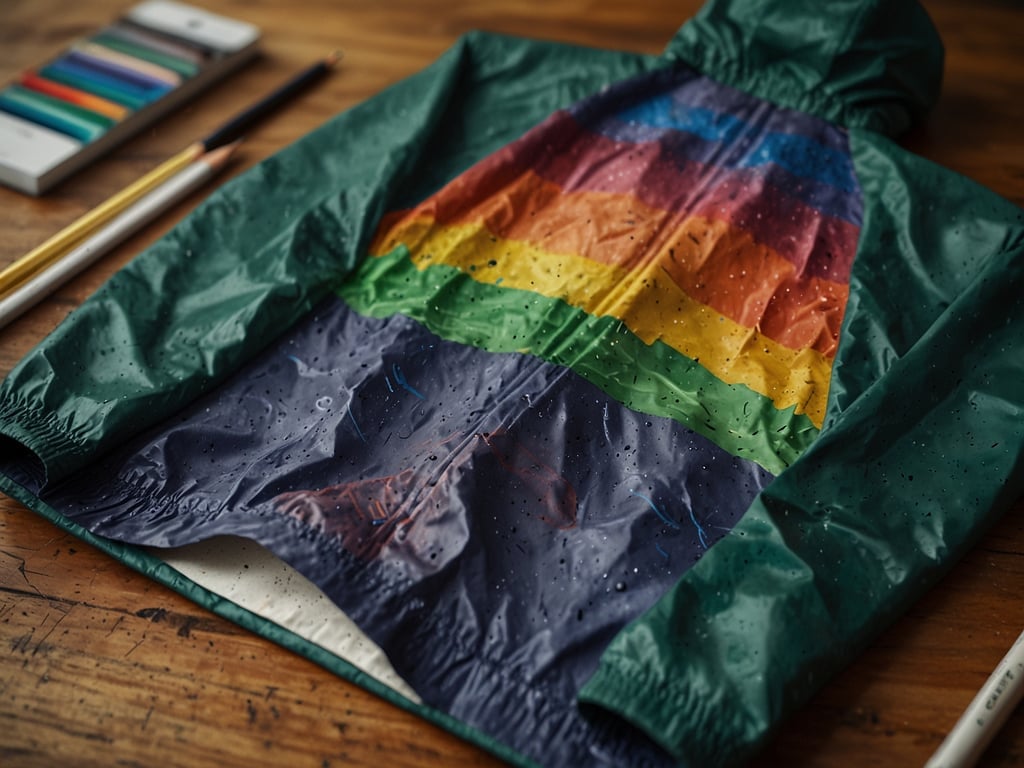 Auf dem Bild ist eine Regenjacke zu sehen, die eine bunte Rückenansicht mit verschiedenen Regenbogenfarben zeigt. Die Jacke ist auf einem Holztisch ausgelegt und hat einige Wassertropfen darauf. Neben der Jacke liegen verschiedene Buntstifte und ein Bleistift.