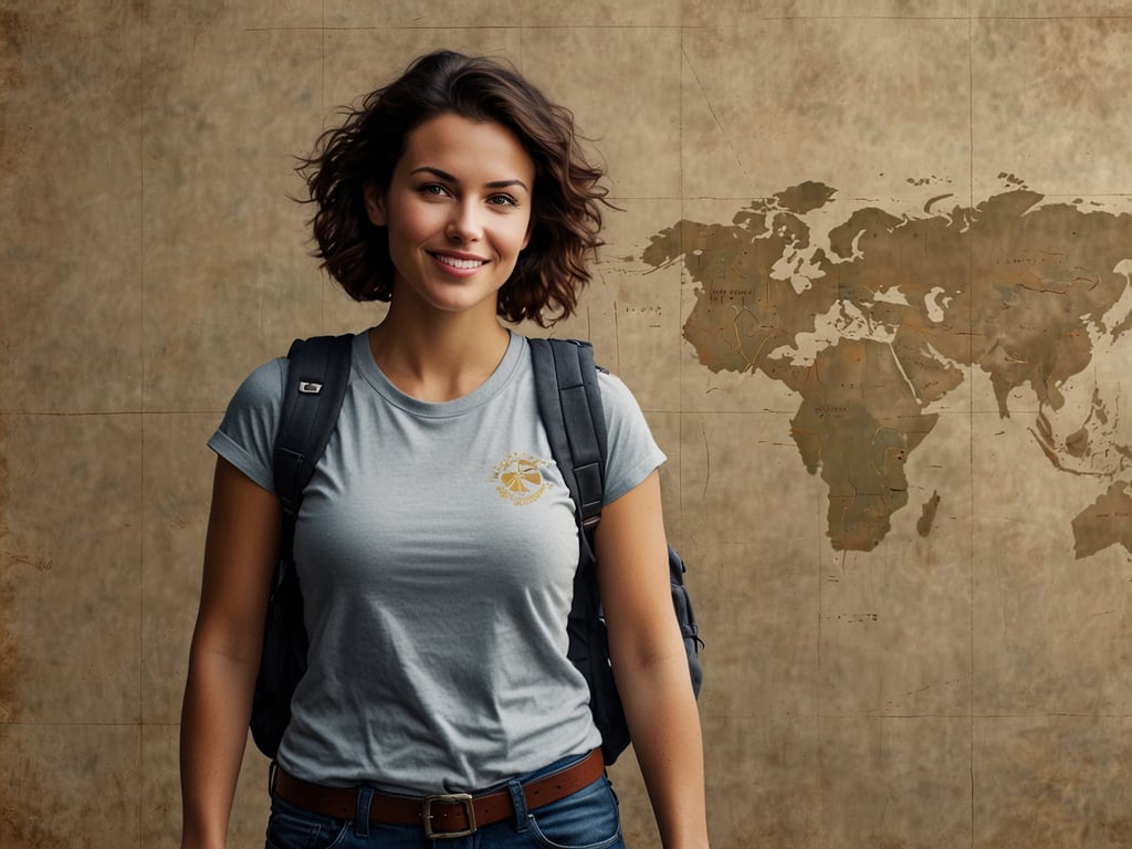 Auf dem Bild ist eine lächelnde junge Frau mit Rucksack zu sehen, die anscheinend eine Reiseunternehmerin ist. Der Hintergrund zeigt eine Weltkarte, was auf das Thema Reisen hinweist. Dies passt gut zu den Reise-Innovatoren, die in Madeira die World Travel Awards 2024 feiern. Die Kombination aus der internationalen Karte und der Person deutet auf den globalen Charakter der Veranstaltung hin, die den Fortschritt und die Leistungen im Bereich Reisen und Tourismus würdigt.