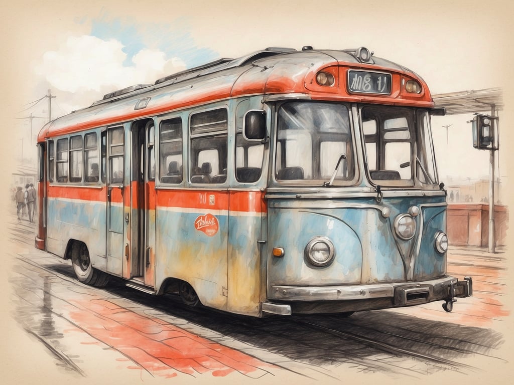 Auf dem Bild ist ein nostalgischer Straßenbahnwagen zu sehen. Der Wagen hat eine bunte lackierte Oberfläche, die größtenteils blau und rot ist, und zeigt sichtbare Gebrauchsspuren und Verwitterung. Er scheint an einer Haltestelle zu stehen, während im Hintergrund Passanten unterwegs sind. Die Umgebung sieht aus, als könnte sie eine städtische Szenerie sein, und es gibt elektrische Masten sowie eine Signalanlage in der Nähe. Die Darstellung erinnert an eine frühere Ära des öffentlichen Verkehrs.