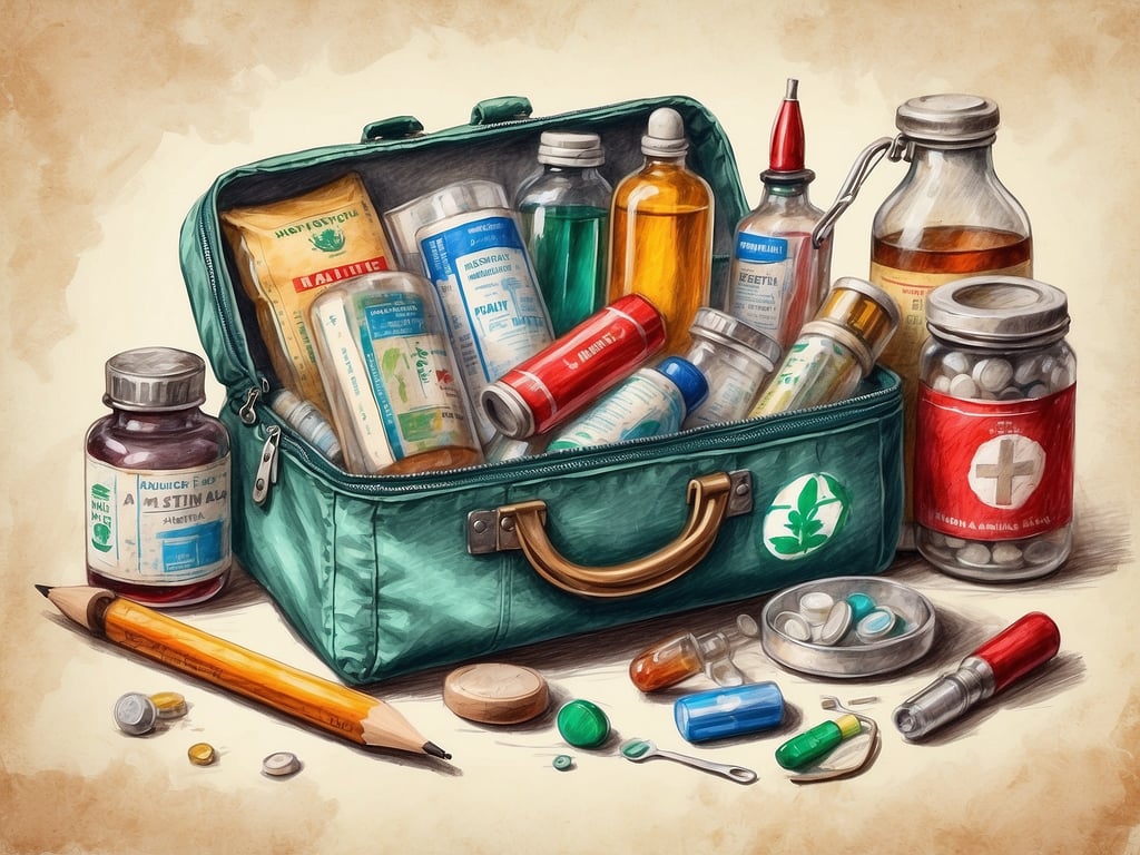 Auf dem Bild ist eine offene Reiseapotheke zu sehen, die eine Vielzahl von Medikamenten und medizinischen Utensilien enthält. Zu den wichtigen Medikamenten für die Reiseapotheke gehören typischerweise:

1. **Schmerzmittel** (z.B. Ibuprofen, Paracetamol)
2. **Fiebermittel**
3. **Mittel gegen Übelkeit** (z.B. Antihistaminika)
4. **Antibiotika** (nach Rücksprache mit einem Arzt)
5. **Wunddesinfektionsmittel**
6. **Pflaster und Verbandsmaterial**
7. **Antihistaminika** gegen Allergien
8. **Medikamente gegen Durchfall** (z.B. Loperamid)

Diese Elemente sind wichtig, um auf Reisen auf gesundheitliche Probleme reagieren zu können.