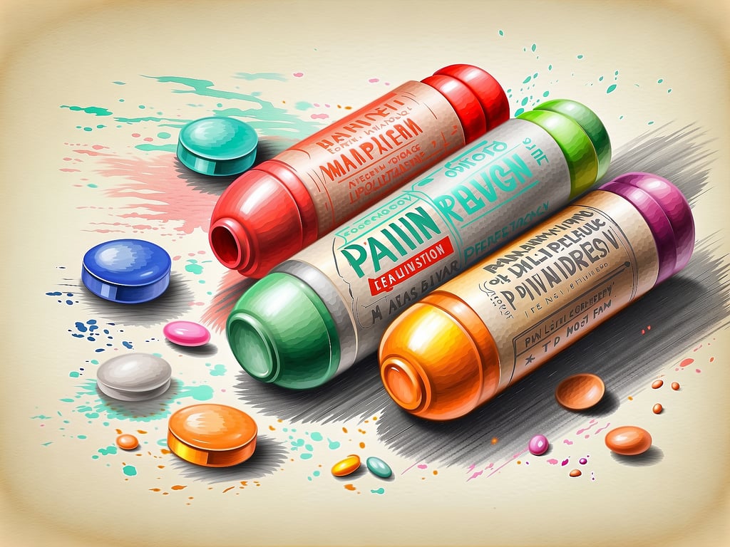 Auf dem Bild sind verschiedene Kapseln und Tabletten abgebildet. Die Kapseln sind in unterschiedlichen Farben gestaltet, darunter Rot, Grün, Orange und mehr. Diese Darstellungen könnten symbolisch für wichtige Medikamente stehen, die zur Behandlung von Schmerzen, Entzündungen oder anderen gesundheitlichen Beschwerden eingesetzt werden. Daneben sind auch einige bunte Tabletten sichtbar, die ebenfalls Teil eines Medikamentenregals oder einer Darstellung von Arzneimitteln sein könnten.