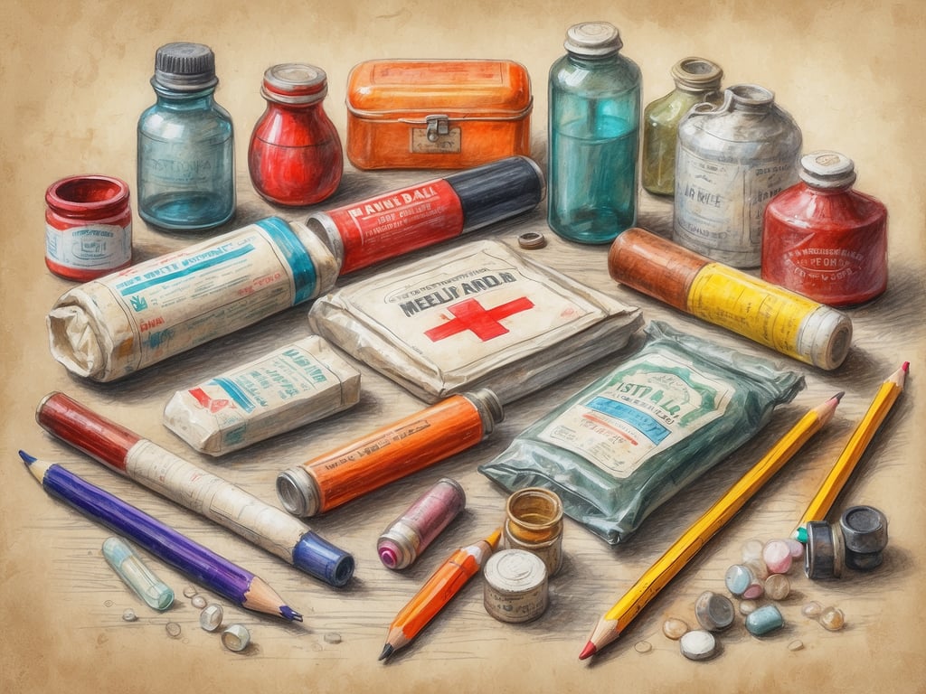 Auf dem Bild sind verschiedene medizinische Produkte und Utensilien zu sehen, die typischerweise in einer Reiseapotheke oder einer alten Hausapotheke zu finden sind. Es gibt eine Vielzahl von Flaschen, Dosen und Verpackungen, die möglicherweise Medikamente, Salben oder Verbandsmaterial enthalten. 

Hier sind einige Tipps zur Zusammenstellung und Pflege einer Reiseapotheke:

1. **Grundausstattung**: Packen Sie wichtige Medikamente ein, wie Schmerzmittel, Allergiemittel, Magenmittel und Mittel gegen Durchfall.

2. **Verbandmaterial**: Stellen Sie sicher, dass Sie Pflaster, sterile Mullbinden, Desinfektionsmittel und eventuell eine Schere zur Wundversorgung haben.

3. **Persönliche Medikamente**: Vergessen Sie nicht, persönliche Medikamente, die regelmäßig eingenommen werden, in ausreichender Menge mitzunehmen.

4. **Vorbereitung auf Notfälle**: Informieren Sie sich über die medizinischen Gegebenheiten Ihres Reiseziels und nehmen Sie gegebenenfalls eine Notfallnummer mit.

5. **Regelmäßige Kontrolle**: Überprüfen Sie regelmäßig das Ablaufen von Medikamenten und die Vollständigkeit der Reiseapotheke, insbesondere vor Reisen.

6. **Kühlung bei Bedarf**: Einige Medikamente benötigen Kühlung. Achten Sie darauf, wie Sie diese während Ihrer Reise transportieren können.

Mit diesen Tipps sind Sie gut gerüstet, um auf Reisen gesund zu bleiben!