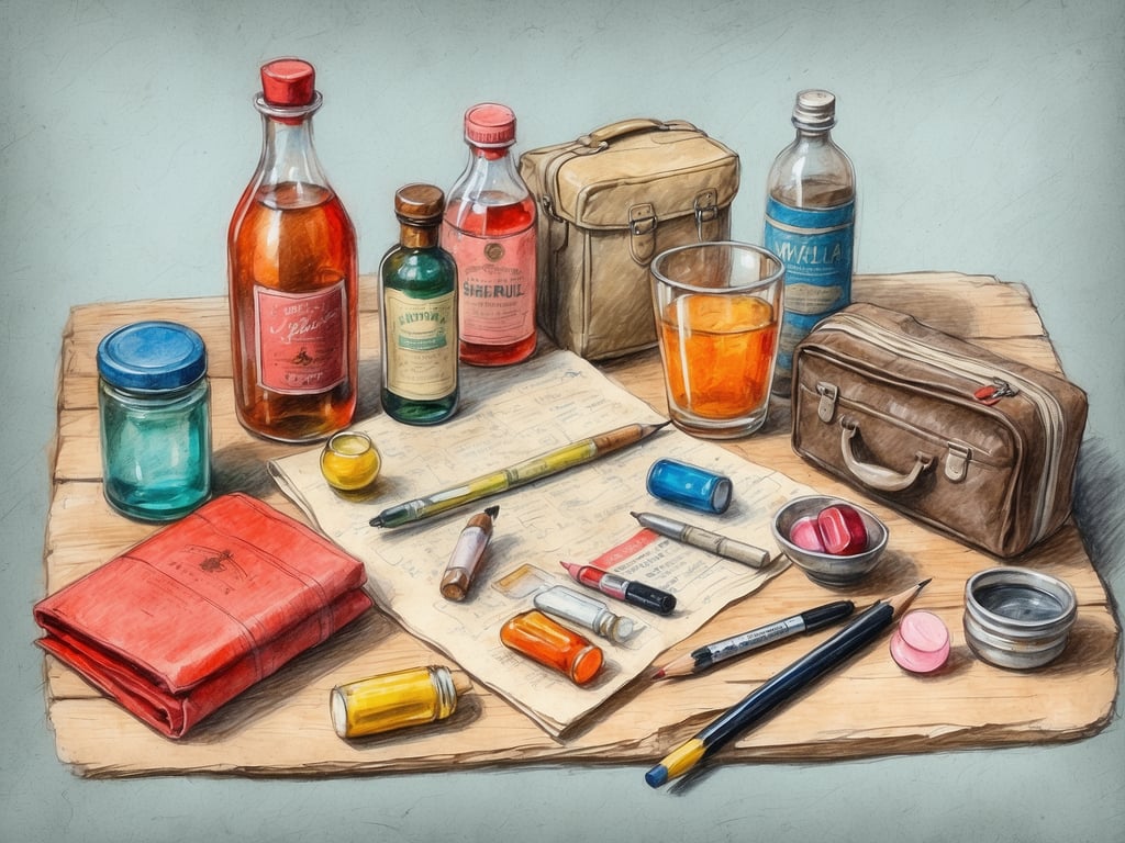 Auf dem Bild sind verschiedene Objekte zu sehen, die mit Medikamenten und medizinischen Utensilien in Verbindung stehen. Es gibt mehrere Flaschen, die vermutlich Medikamente oder Flüssigkeiten enthalten, darunter eine rotes und ein grünes Fläschchen. Zusätzlich sind unterschiedliche Tabletten und Pillendosen sowie einige Stifte und Notizen auf einem Tisch verteilt. Diese Elemente könnten Teil einer medizinischen Ausstattung oder einer Apotheke sein.
