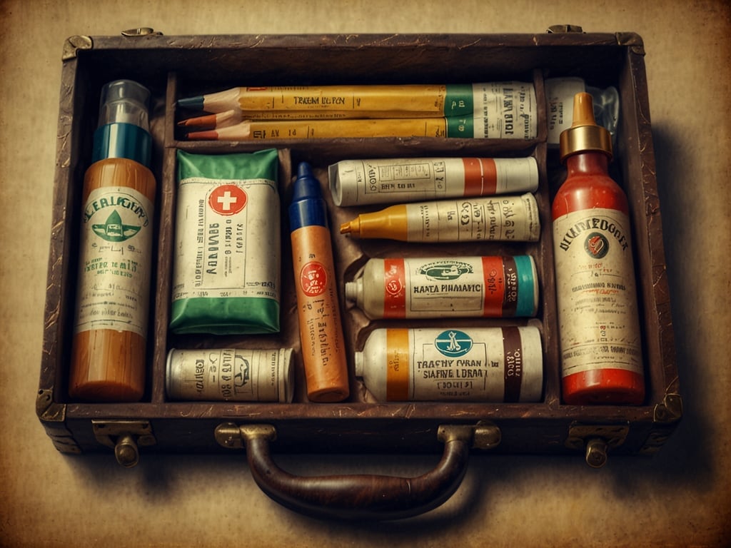 Auf dem Bild ist eine alte Reiseapotheke zu sehen, die in einem Holzkoffer angeordnet ist. Der Koffer enthält verschiedene Medikamente und Produkte, die in beschrifteten Tuben und Flaschen verpackt sind. Neben den Medikamenten sind auch einige Buntstifte sichtbar, was darauf hinweisen könnte, dass diese Reiseapotheke möglicherweise in einem kreativen Zusammenhang verwendet wurde oder ein persönliches Objekt ist. Die insgesamt rustikale und nostalgische Anordnung vermittelt einen Eindruck von vergangener Zeit.