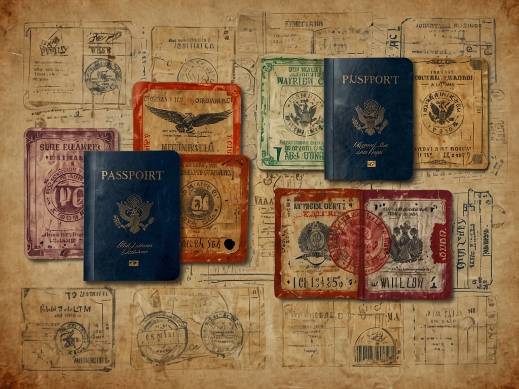 Auf dem Bild sind verschiedene Reisepässe und Stempel zu sehen. Im Mittelpunkt stehen mehrere dunkelblaue Pässe mit dem Aufdruck 