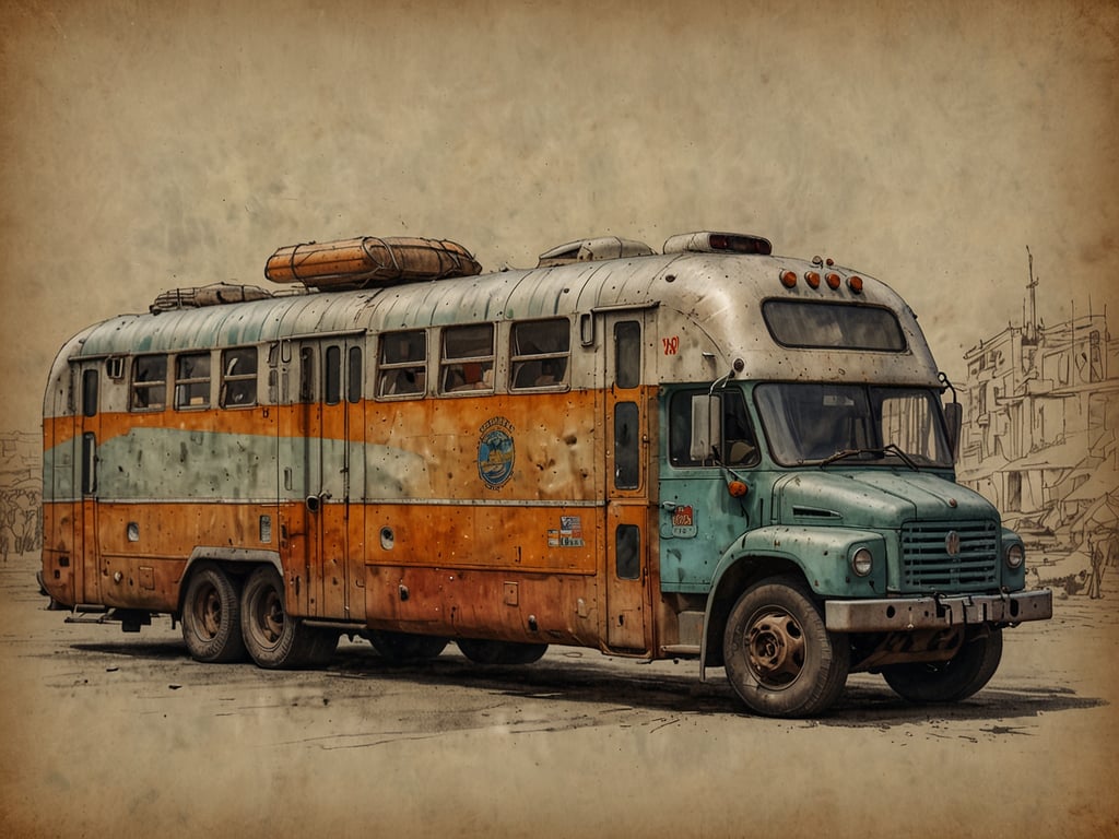 Auf dem Bild ist ein alter, farbenfroh lackierter Reisebus zu sehen, der eine abenteuerliche Atmosphäre vermittelt. Der Bus wirkt nostalgisch und hat Anzeichen von Verschleiß, was ihn charmant macht. Solche Autos sind oft mit Erinnerungen an Reisen und Erlebnisse verbunden, die Reisemangel symbolisieren können – das Verlangen nach neuen Abenteuern und Entdeckungen. Die rustikale Erscheinung des Busses könnte auf aufregende Reisen in der Vergangenheit hinweisen, die im Gedächtnis geblieben sind.