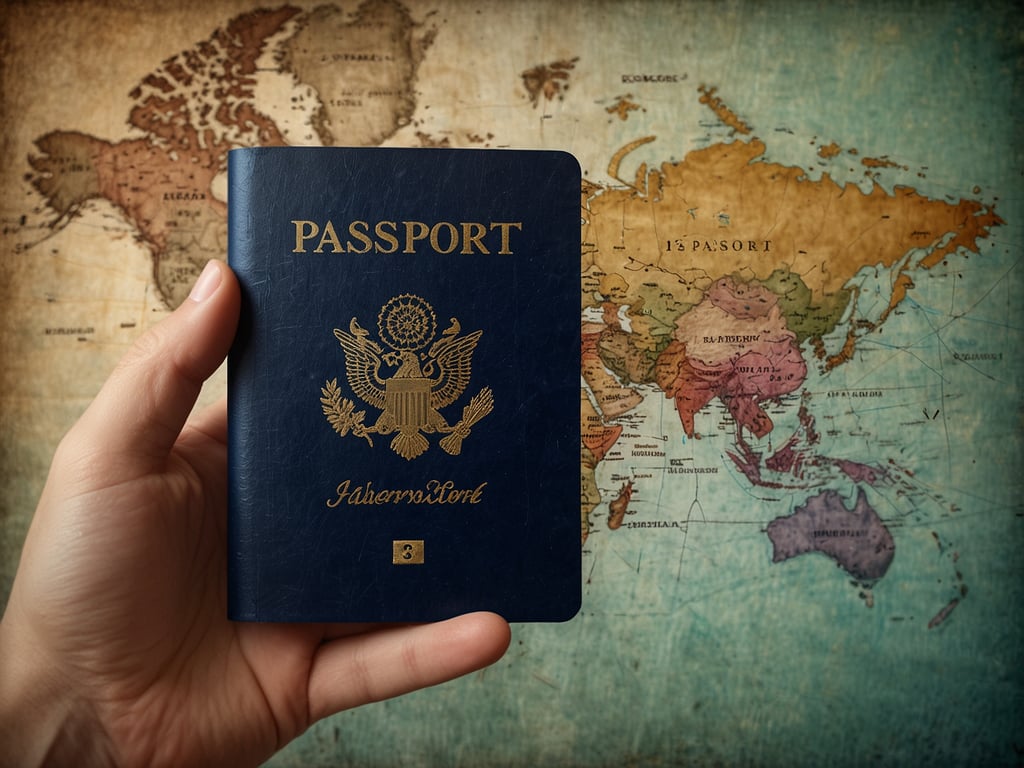 Auf dem Bild ist eine Hand zu sehen, die einen Reisepass hält. Im Hintergrund befindet sich eine Weltkarte, die verschiedene Kontinente und Länder zeigt. Der Reisepass hat eine blaue Farbe und eine goldene Prägung mit der Aufschrift 