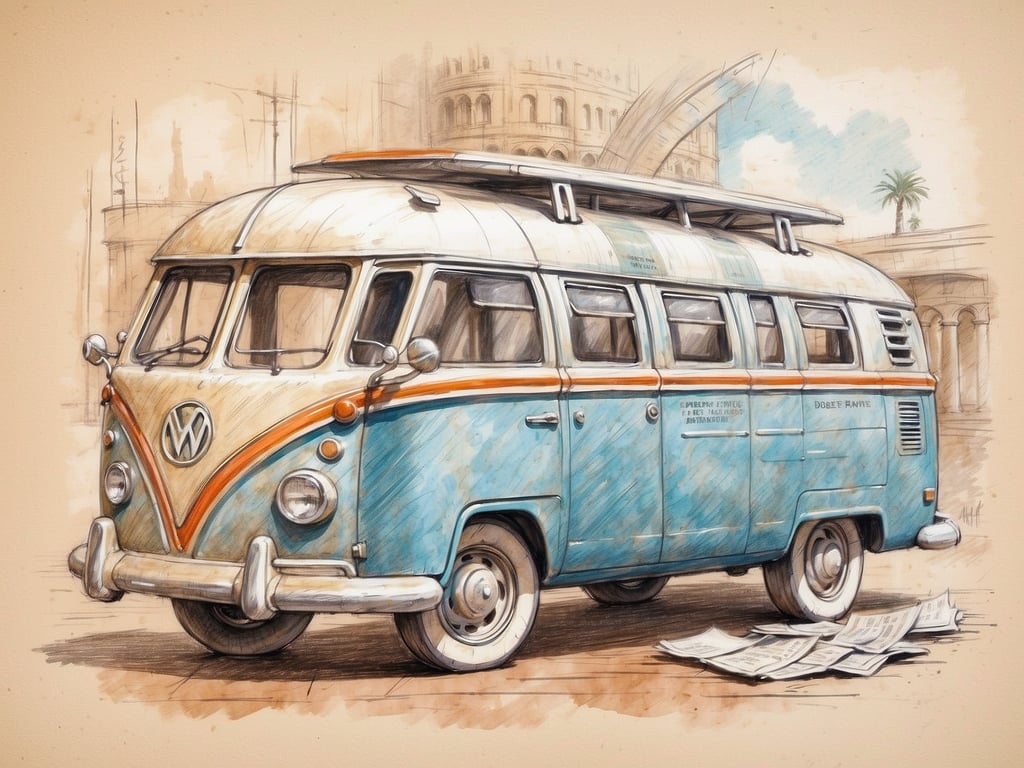 Auf dem Bild ist ein handgezeichnetes Bild eines alten VW-Busses zu sehen. Die Farben sind hauptsächlich Blau und Beige, mit einem klassischen Design, das an nostalgische Reisezeiten erinnert. 

Zur Reiserücktrittsversicherung: Es ist allgemein empfehlenswert, die Versicherung mindestens bis zu 14 Tage vor der Reise abzuschließen, um im Falle eines unerwarteten Rücktritts optimal abgesichert zu sein.