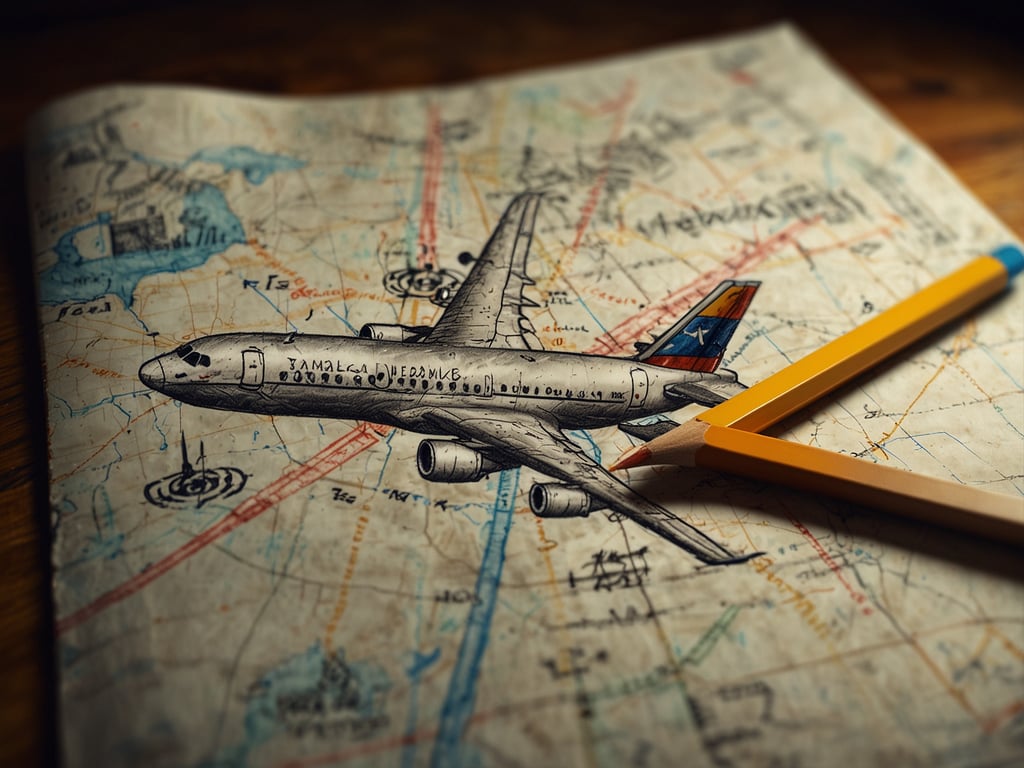 Auf dem Bild ist eine künstlerische Darstellung eines Flugzeugs zu sehen, das über eine Landkarte fliegt. Die Karte zeigt verschiedene geografische Features und Routen, die mit blauen und roten Linien markiert sind. Neben dem Flugzeug liegt ein Bleistift, der zur weiteren Gestaltung oder Planung verwendet werden könnte. Es sieht aus wie eine kreative Darstellung eines Reisefragments, das in Verbindung mit einem Reisescheck stehen könnte, der für die Finanzierung von Reisen genutzt wird.