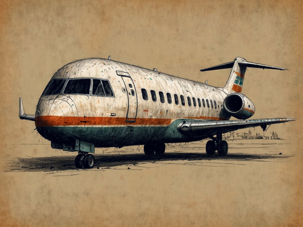 Auf dem Bild ist ein älteres, vernachlässigtes Flugzeug zu sehen, das auf einem Flughafen oder einer Landebahn steht. Die beschädigte und abgenutzte Oberfläche des Flugzeugs könnte an Reisestornierungen und die Herausforderungen des Reiseverkehrs erinnern. Es symbolisiert möglicherweise, wie Reisen manchmal beeinträchtigt werden können, etwa durch unvorhergesehene Umstände, die zu Stornierungen führen.