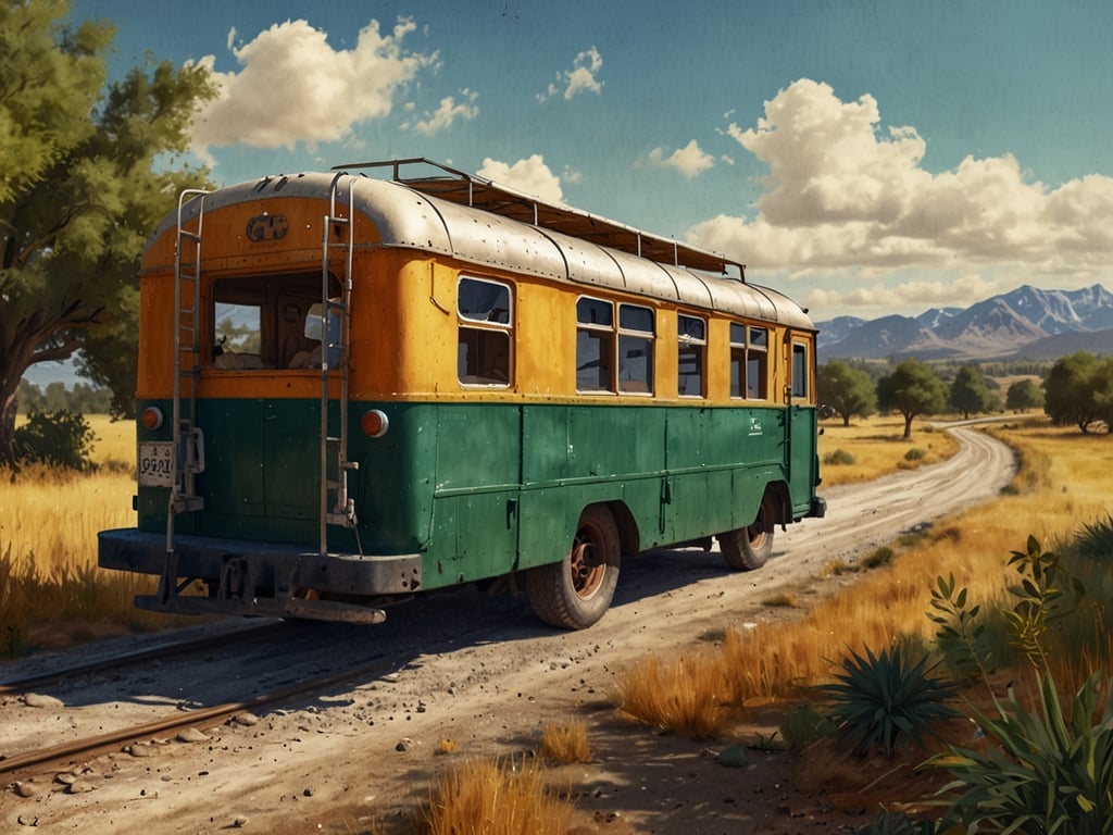 Auf dem Bild ist ein bunter Bus zu sehen, der auf einem ländlichen Weg in einer malerischen Umgebung fährt. Diese Art von Reisen spiegelt aktuelle Reisetrends wider, bei denen immer mehr Menschen den Drang verspüren, abseits der ausgetretenen Pfade zu reisen und die Natur hautnah zu erleben. 

Im Jahr 2024/25 wird der Trend zu nachhaltigem und authentischem Reisen weiter zunehmen. Reisende suchen nach Erlebnissen in der Natur, die sowohl entspannend als auch abenteuerlich sind. Ein Bus wie der im Bild kann dabei als Transportmittel für Roadtrips oder Erkundungstouren in abgelegene Gebiete dienen. Einfaches Reisen im Einklang mit der Natur wird zunehmend beliebt, wobei komfortable und umweltfreundliche Optionen im Vordergrund stehen.