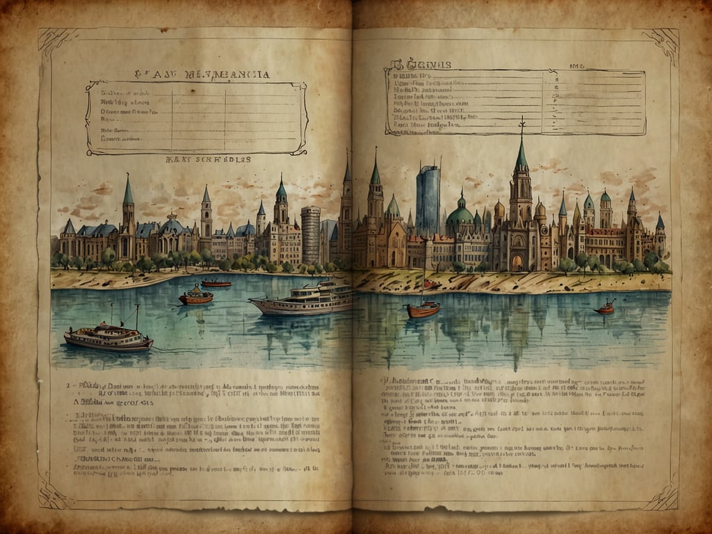 Auf dem Bild sind Illustrationen von einer Stadtansicht und Reiseunterlagen zu sehen. Die Darstellung zeigt eine hügelige Küstenlinie mit verschiedenen Gebäuden, die architektonische Vielfalt aufweisen, darunter kirchenartige Türme und historische Bauwerke. Am Ufer sind Boote auf dem Wasser abgebildet. Die Seiten scheinen wie Seiten eines alten Reiseführers oder einer Reisekatalog-Seite gestaltet zu sein, mit handschriftlichen Notizen und Informationen über die Stadt, die möglicherweise eine Reise oder Besichtigung betrafen. Die Atmosphäre ist nostalgisch und ansprechend für Reisende, die diese Stätte besuchen möchten.