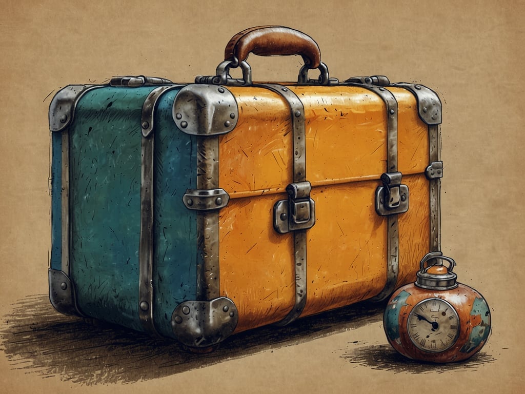 Auf dem Bild ist ein Koffer in zwei Farben, grün und orange, zu sehen, der zusammen mit einer alten Taschenuhr abgebildet ist. Dieses Motiv weckt die Sehnsucht nach Reisen und Abenteuern. Bei solchen Reisen ist es wichtig, eine gute Reiseversicherung abzuschließen, um im Falle von unvorhergesehenen Ereignissen wie Gepäckverlust oder medizinischen Notfällen gut abgesichert zu sein.