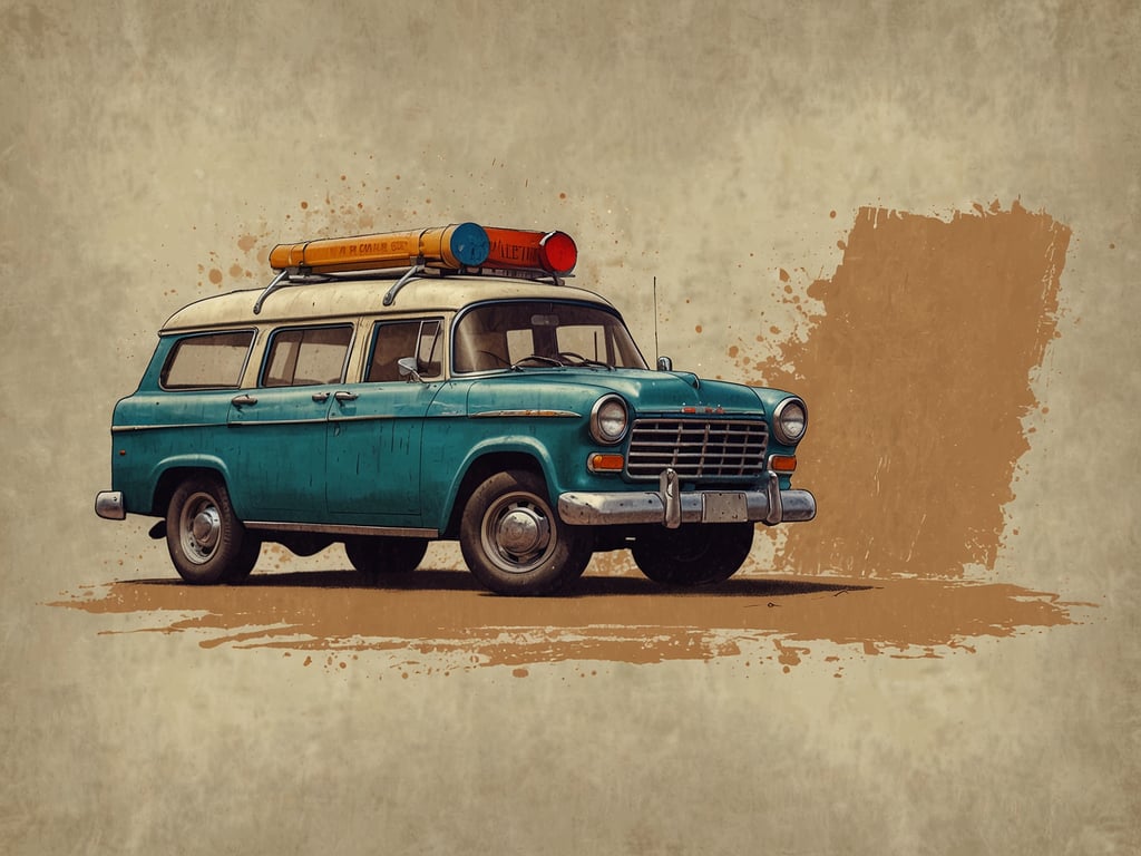Auf dem Bild ist ein klassisches Auto zu sehen, das im Retro-Stil präsentiert wird. Es ist ein blauer Kombi mit einem gelben und roten Lichtbalken auf dem Dach, was darauf hinweisen könnte, dass es früher als Einsatzfahrzeug genutzt wurde.

**Reisewarnung:** Wenn Sie in Regionen reisen, in denen ähnliche Fahrzeuge im Einsatz sind, informieren Sie sich über die aktuellen Sicherheitsbedingungen und beachten Sie örtliche Vorschriften. Seien Sie vorsichtig, insbesondere wenn Sie in Gebiete reisen, in denen es unregelmäßige Verkehrsmuster oder andere Verkehrsteilnehmer wie Einsatzfahrzeuge gibt.