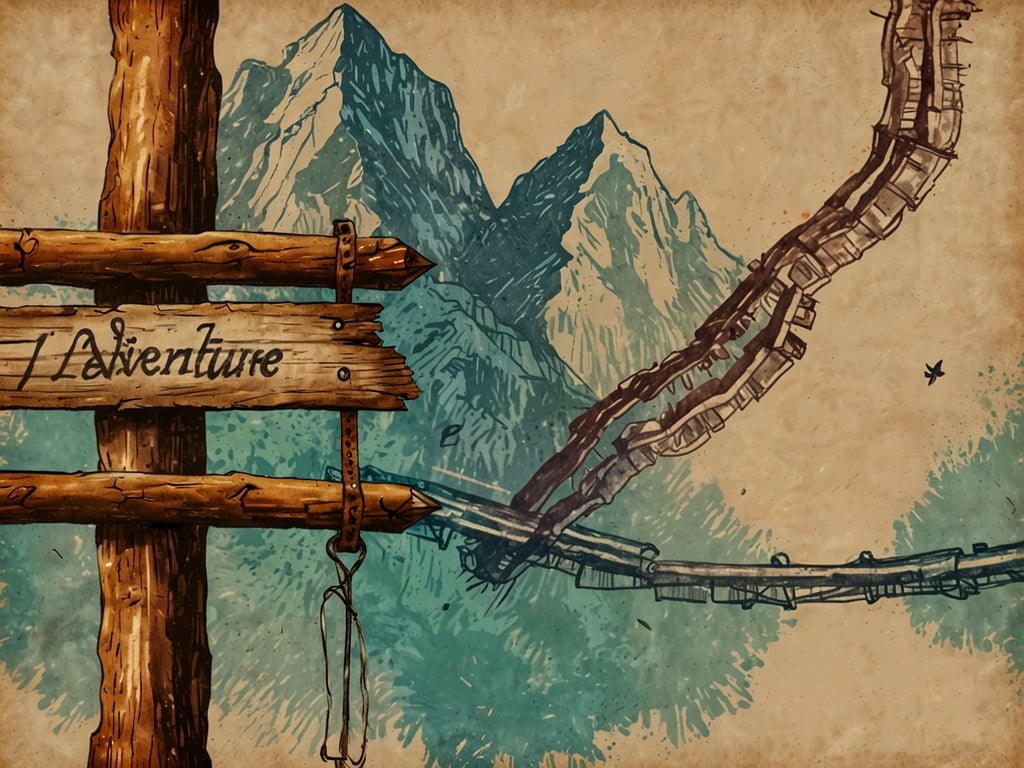 Auf dem Bild ist ein Schild zu sehen, das den Weg zu einem Abenteuer anzeigt. Es ist aus Holz und zeigt die Aufschrift 