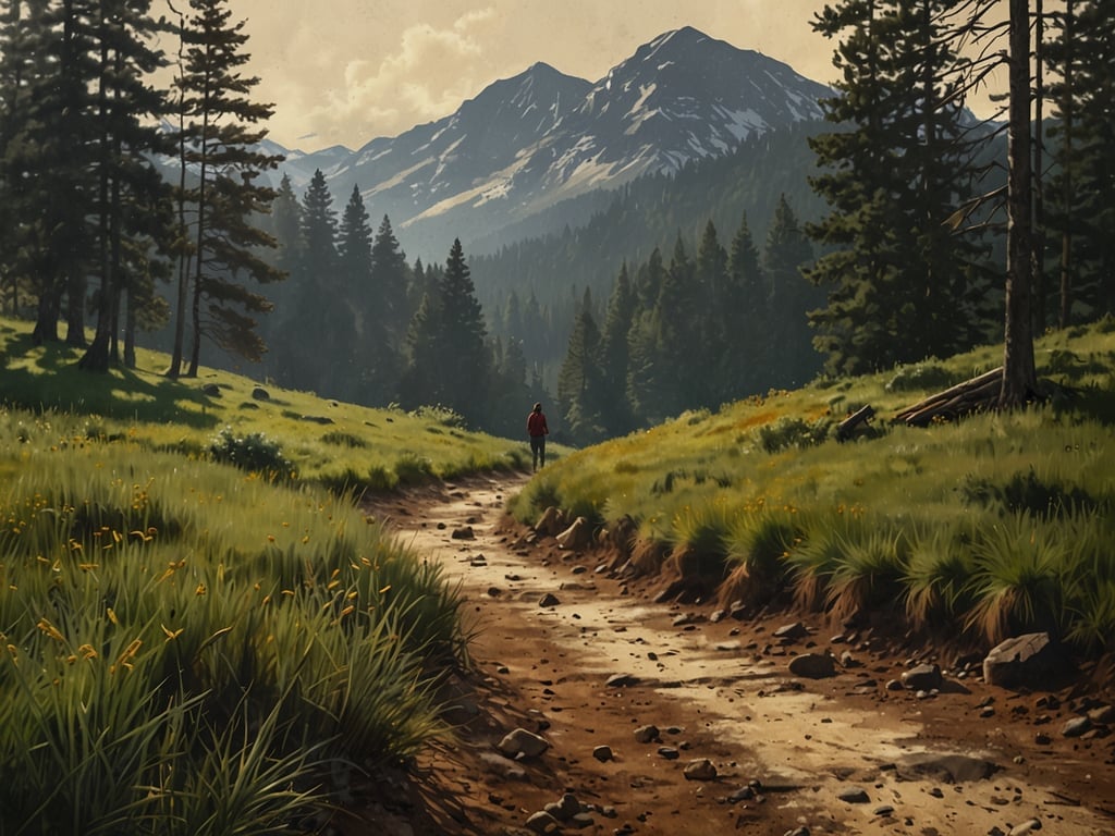 Auf dem Bild ist eine malerische Landschaft mit hohen Bergen und dichten Wäldern zu sehen. Ein Wanderer geht auf einem steinigen Pfad durch eine grüne Wiese, die mit hohen Gräsern und Blumen bewachsen ist.

**Praktische Tipps für deinen Besuch:**

1. **Ausstattung:** Trage bequeme Wanderschuhe und angemessene Kleidung für das Wetter. Eine Jacke kann nützlich sein, da es in den Bergen schnell kühl werden kann.

2. **Wasser und Snacks:** Nimm ausreichend Wasser und energiereiche Snacks mit, um deine Ausdauer auf langen Wanderungen zu unterstützen.

3. **Karten und Navigation:** Informiere dich über den Wanderweg im Voraus und nimm eine Karte oder ein GPS-Gerät mit, um dich nicht zu verlaufen.

4. **Sicherheit:** Informiere jemanden über deine Wanderroute und voraussichtliche Rückkehrzeit. Ein Erste-Hilfe-Set kann ebenfalls hilfreich sein.

5. **Respektiere die Natur:** Halte dich an die Wege, um die Natur zu schützen, und hinterlasse keinen Müll.

Genieße deinen Besuch in der Natur!