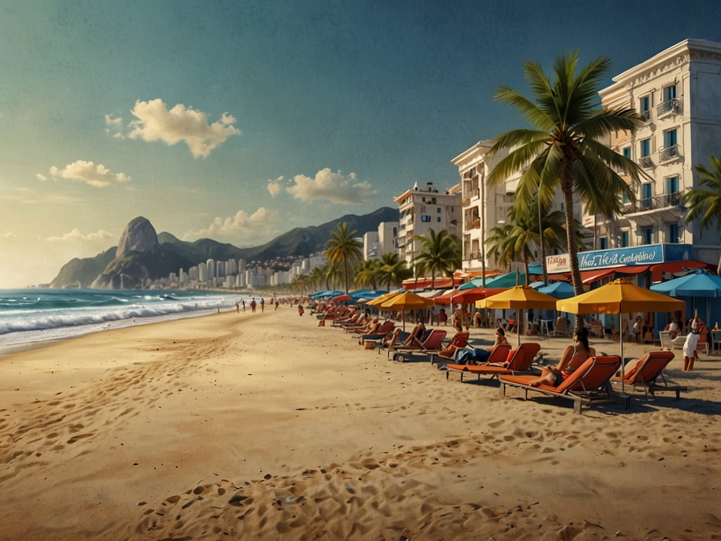 Auf dem Bild sind traumhafte Strände zu sehen, die an das Leben an der Copacabana erinnern. Der feine Sandstrand erstreckt sich entlang des Ufers, während sich im Hintergrund prächtige Palmen und beeindruckende Berglandschaften erheben. Entspannte Menschen genießen die Sonne auf Liegen, und bunte Sonnenschirme bieten Schatten. Die Atmosphäre strahlt Lebensfreude und Urlaubsstimmung aus – ein perfekter Ort für Entspannung und Geselligkeit.